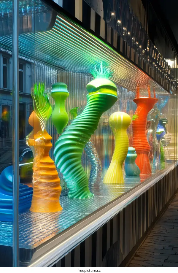 Colorful Artistic Glass Sculptures Displayed in a Shop Window