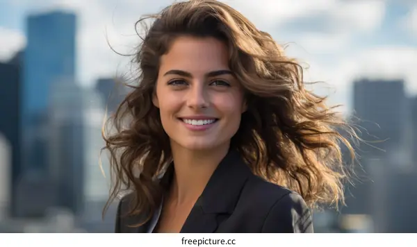 Portrait of a young woman smiling with long brown hair wearing a suit jacket in front of an out of focus cityscape