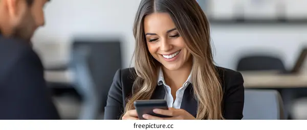 Smiling Businesswoman Using Smartphone in Office
