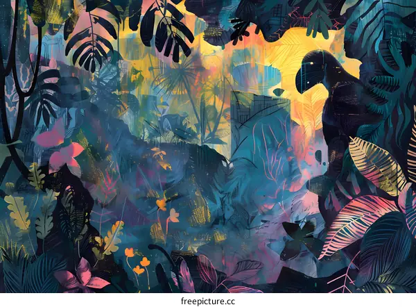 Tropical Jungle Abstract Illustration With Bird