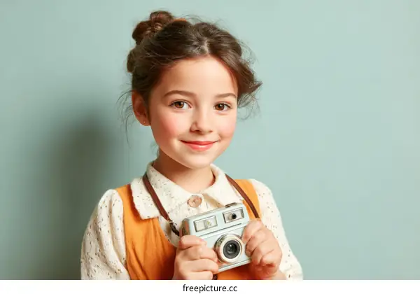 Smiling Girl Holding a Vintage Camera against Pastel Background