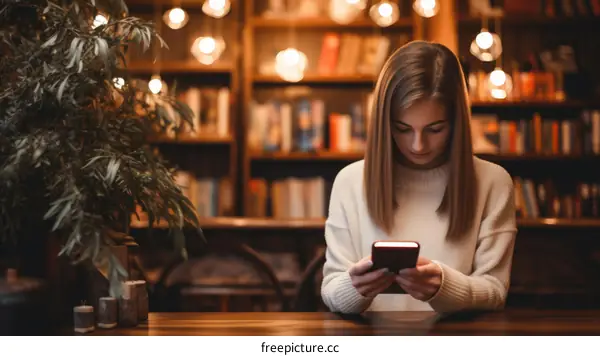 Young woman reading a book in a library