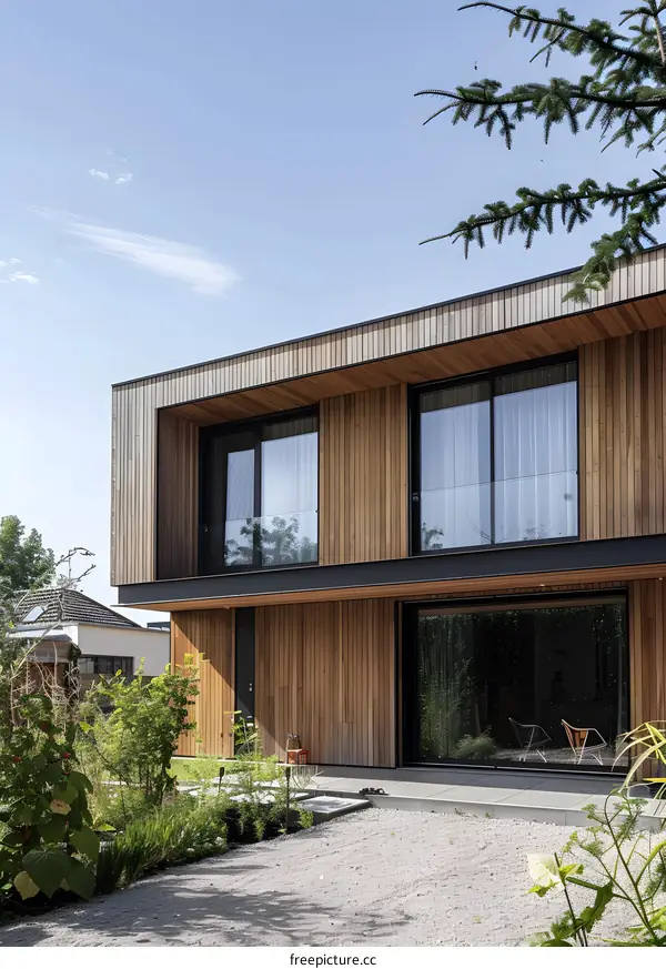 Modern Wooden House Exterior with Large Windows and Gravel Driveway
