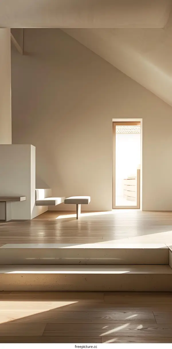 Modern Minimalist Living Room with Wooden Floor and Large Window