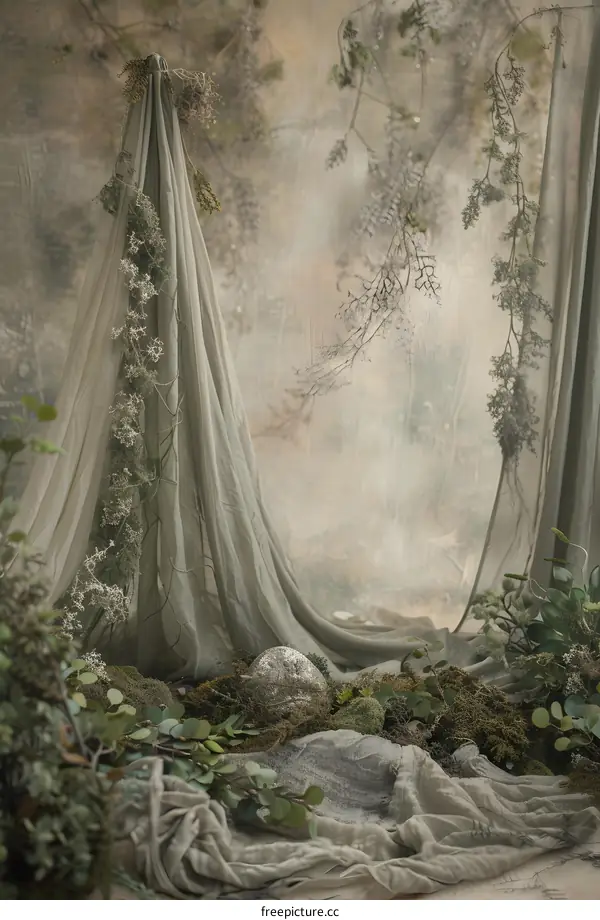 Green Fabric Draped Over Mossy Ground with Delicate Greenery