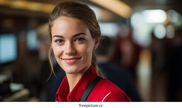 Portrait of a young waitress with brown hair wearing a red apron