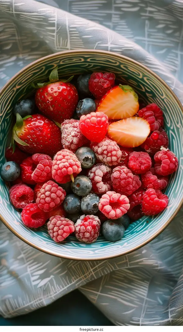Vibrant Berries: A Colorful Bowl of Fresh and Frozen Strawberries, Blueberries, and Raspberries