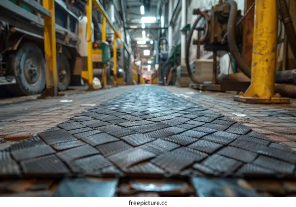 Black rubber matting on walkway in industrial setting