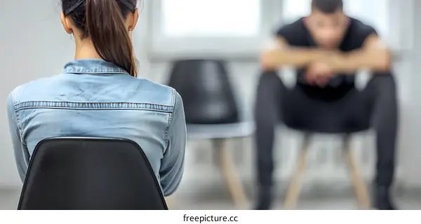Back View of Woman Sitting on Chair with Man in Blurred Background