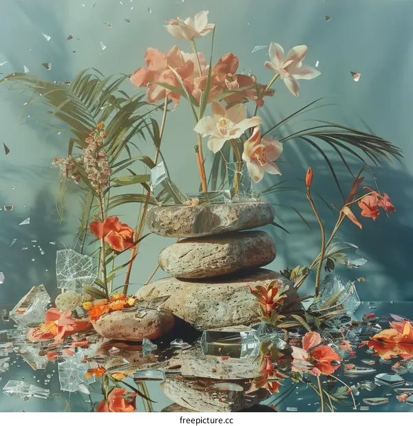 Still life with flowers and rocks