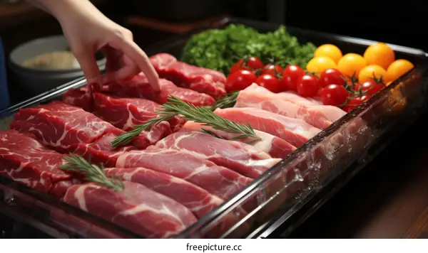 Raw meat and vegetables