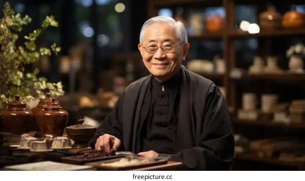 Portrait of a smiling elderly Chinese man in a black shirt