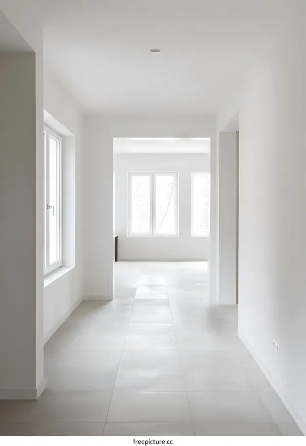 Modern White Hallway with Windows and Tile Floor