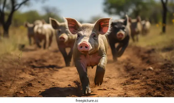 Pigs running in a field