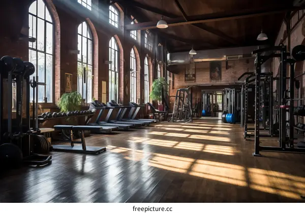 Modern Fitness Center Interior with Large Windows
