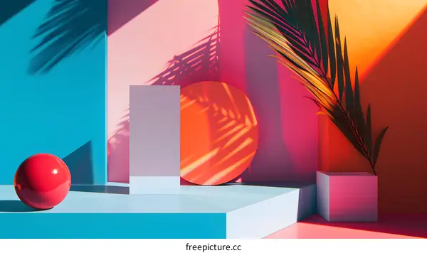 Colorful Abstract Background with Palm Leaf Shadow and Geometric Shapes