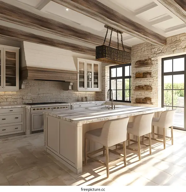 Modern Farmhouse Kitchen Interior Design With Stone Walls And Wooden Beams