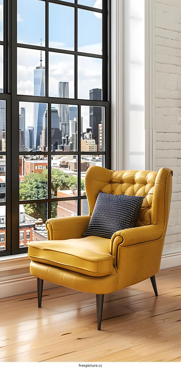 Yellow Armchair with View of City Skyline