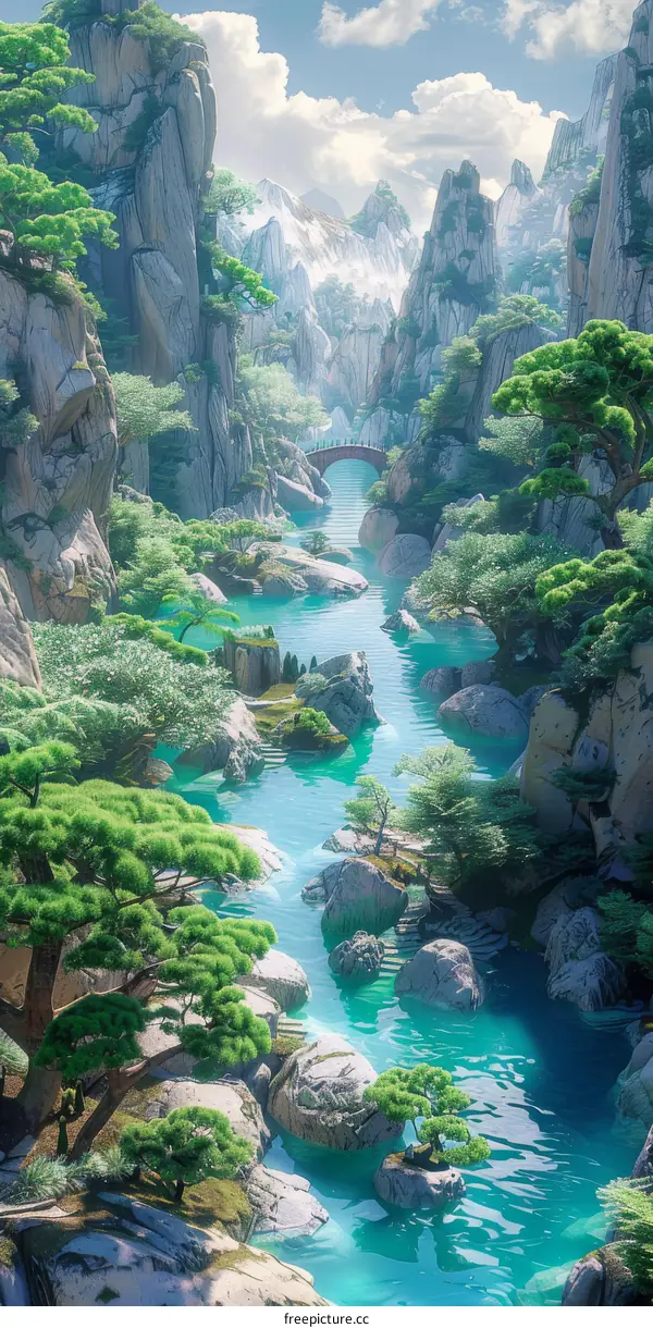 Surreal Mountain River Landscape Painting