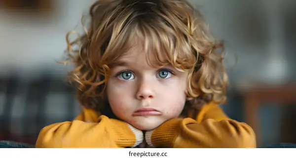 Portrait of a young boy with curly blond hair and blue eyes