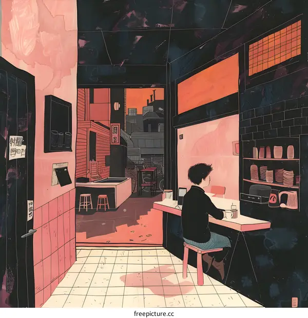 A Man Sitting Alone at a Counter in a Small Cafe