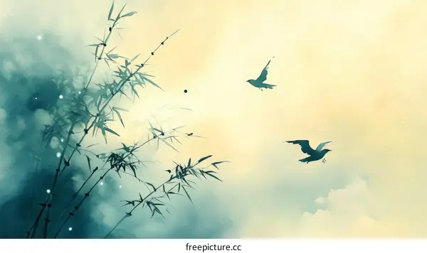 Bamboo and Birds in a Misty Landscape