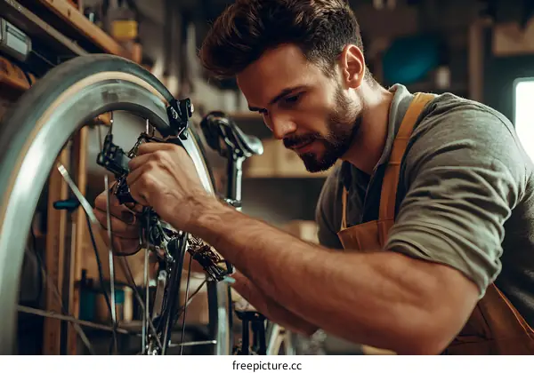 Man Fixing Bicycle In Workshop