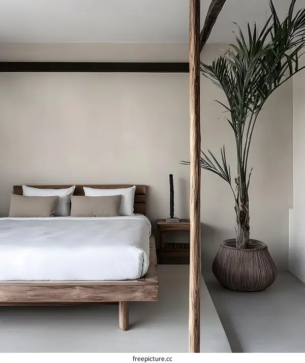 Minimalist Bedroom Design with Wooden Bed Frame and Palm Tree