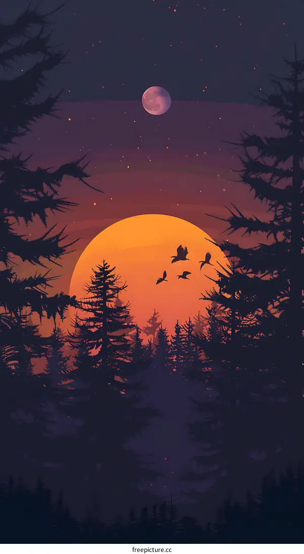 Forest Silhouette With Full Moon and Stars