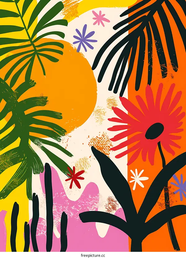 Abstract Tropical Floral Illustration With Sun and Leaves