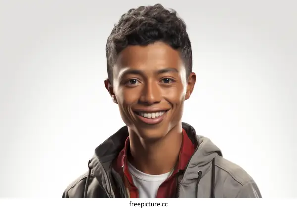 Portrait of a smiling young man with short black hair wearing a gray jacket