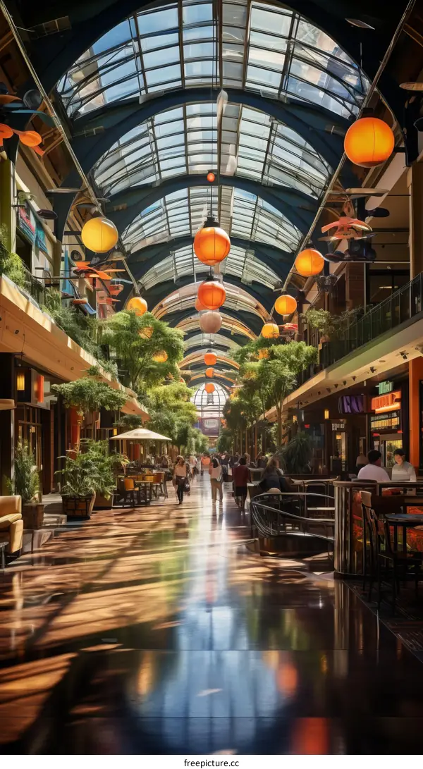 An indoor shopping mall with a glass roof and people walking around