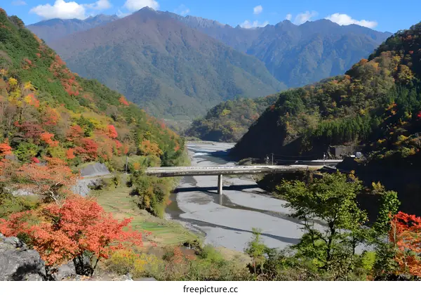 Autumn Landscape with Bridge and Mountains in Japan