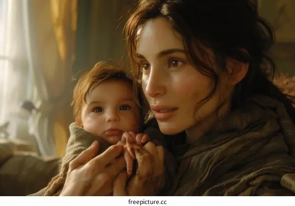 A woman and a baby are sitting in a room. The woman is holding the baby's hand.