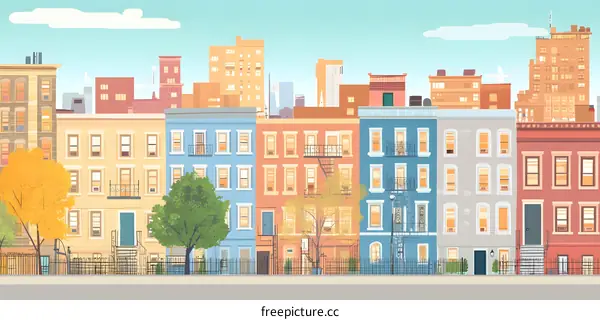 Cityscape Illustration with Colorful Townhouses