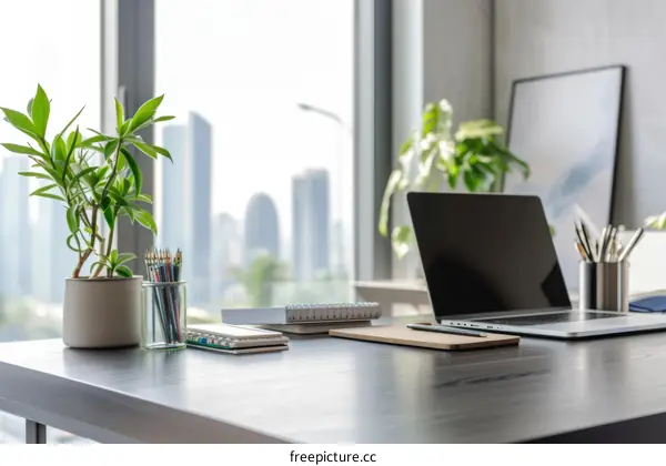 Modern home office desk with laptop, notebooks and supplies with large windows in the background