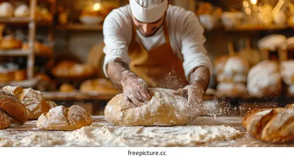 Baker kneading dough in a bakery