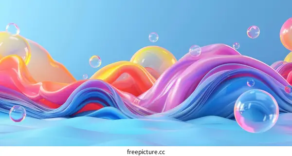 Colorful 3D rendering of a wavy surface with bubbles
