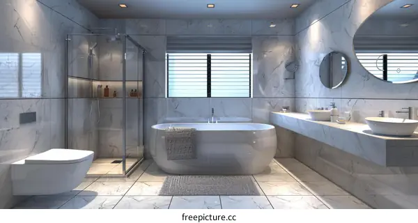 Modern Bathroom Interior with Tub, Shower, and Double Vanity