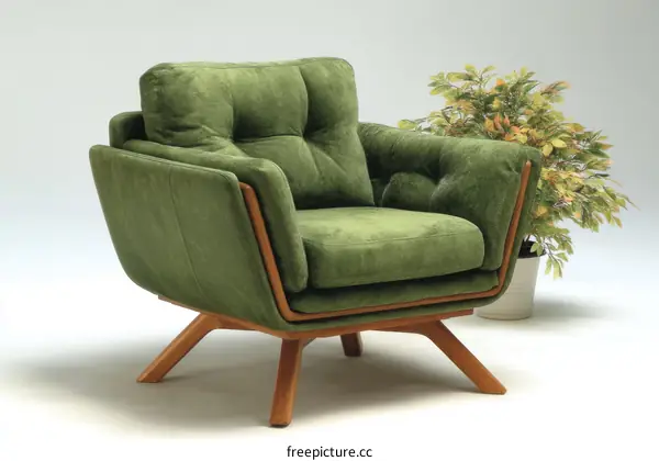 Modern Green Fabric Armchair with Wooden Legs