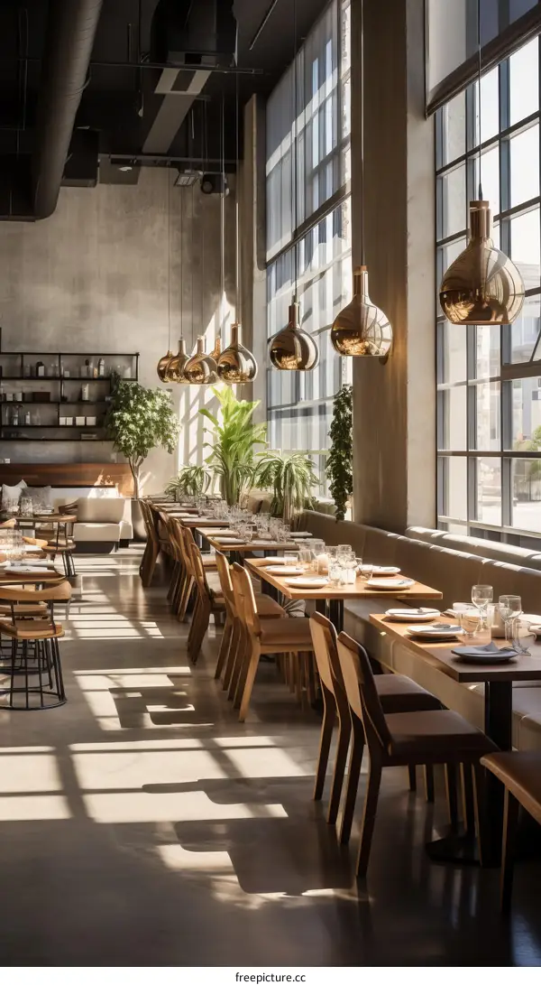 Sunshine streaming through large windows of modern restaurant