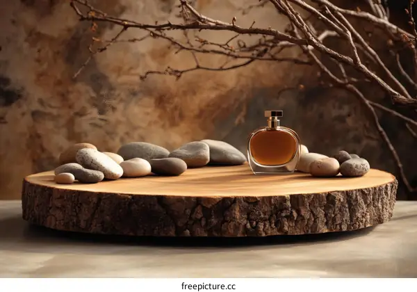 Natural Perfume Display on Wooden Slice