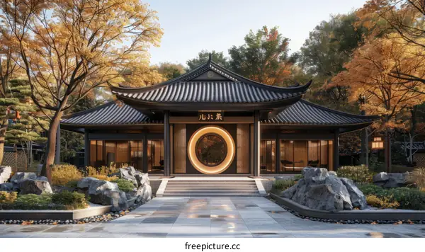 Chinese style architecture surrounded by autumn trees