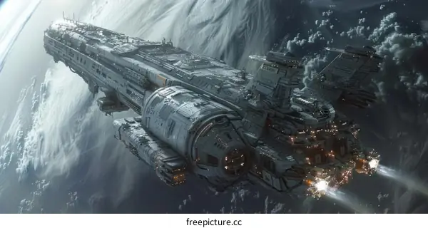 A spaceship is flying in space