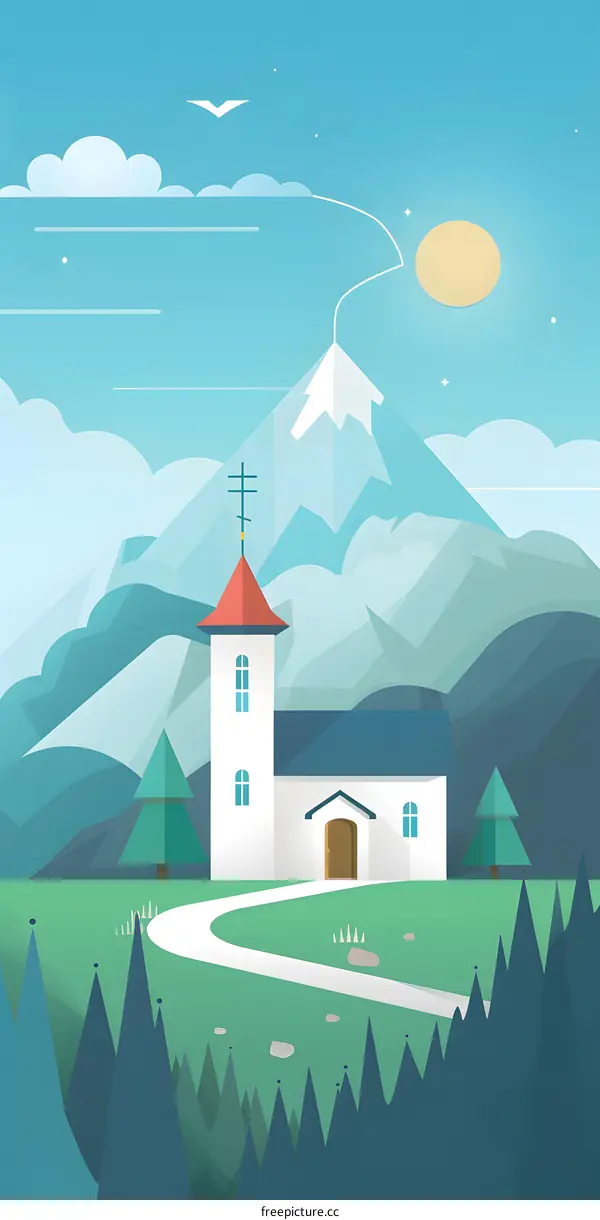 Church in the Mountains Landscape Illustration