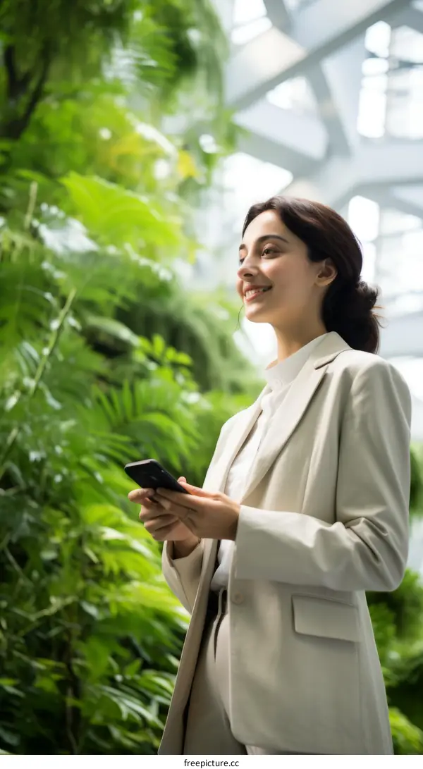 Businesswoman in a green office space using her phone