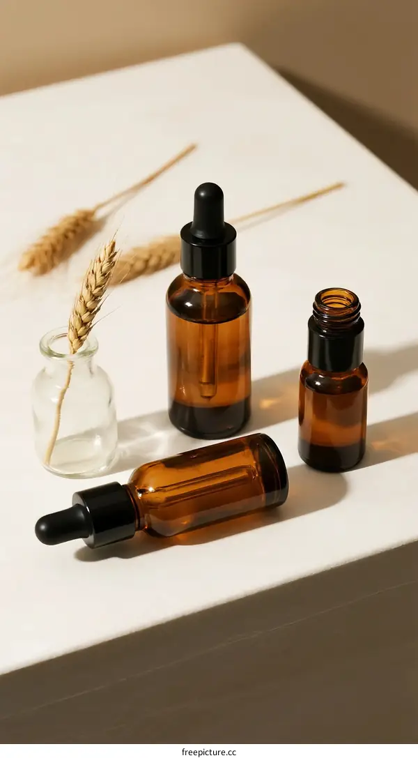 Amber Glass Dropper Bottles with Wheat Sprigs on White Surface