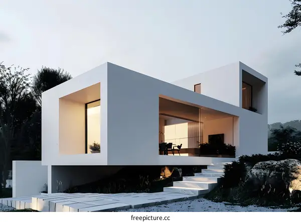Modern White House With Large Windows and Steps