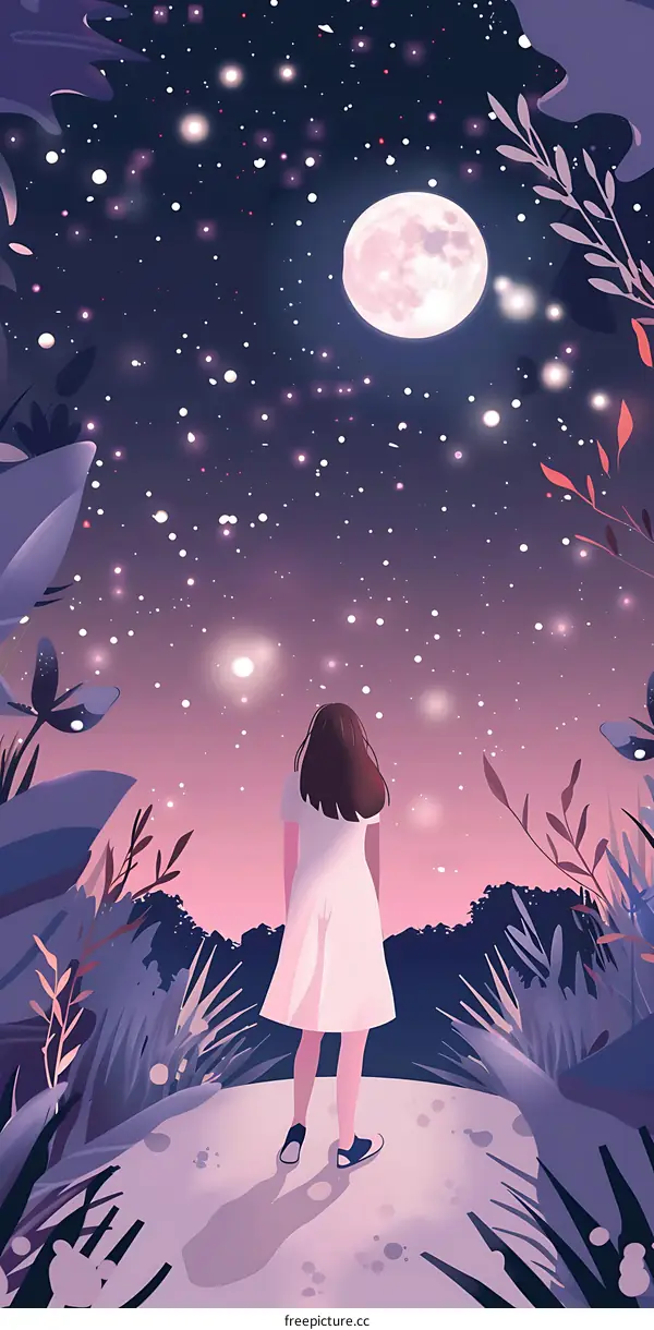Girl Looking at the Moon and Stars in the Night Sky