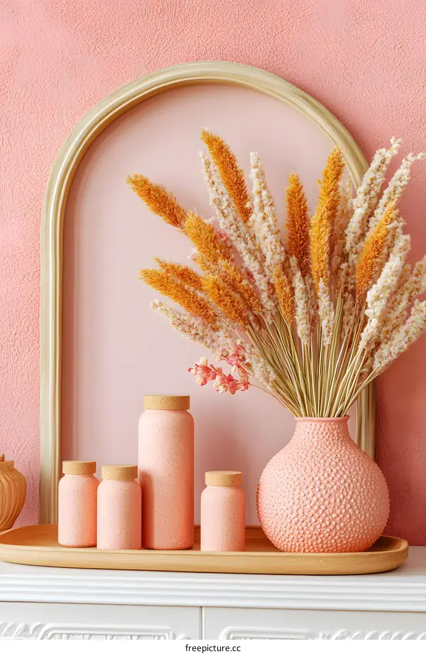 Pink Vase With Dried Flowers On A Wooden Tray